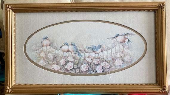 Vintage Framed/matted Margie Morrow Sparrows Along Fence