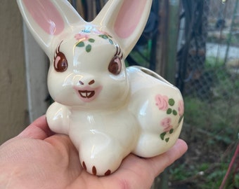 Vintage Tiny Porcelain Bunny Floral Planter