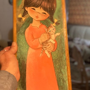 May include: A framed illustration of a girl with long black hair in pigtails holding a small striped kitten. The girl is wearing a pink dress and the background is green. The illustration is signed "Jandro".