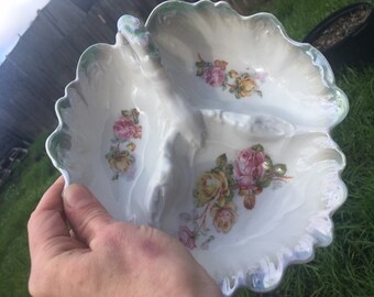 Vintage made in Bavaria divided hand painted rose porcelain lustreware relish dish/tray