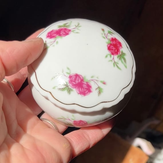 Vintage Tiny Porcelain Hand Painted Pink Rose Gol… - image 1