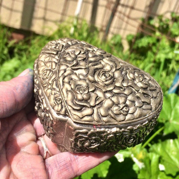 Vintage Japan Double Heart shaped Rose embossed silver tone trinket box