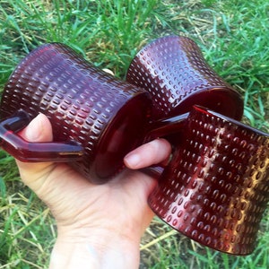 Vintage hobnail style ruby red coffee mugs (3)