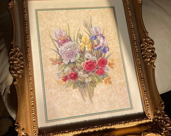 Vintage Gold Gilt Enmarcado Vivian Flasch Litho Garden Bouquet