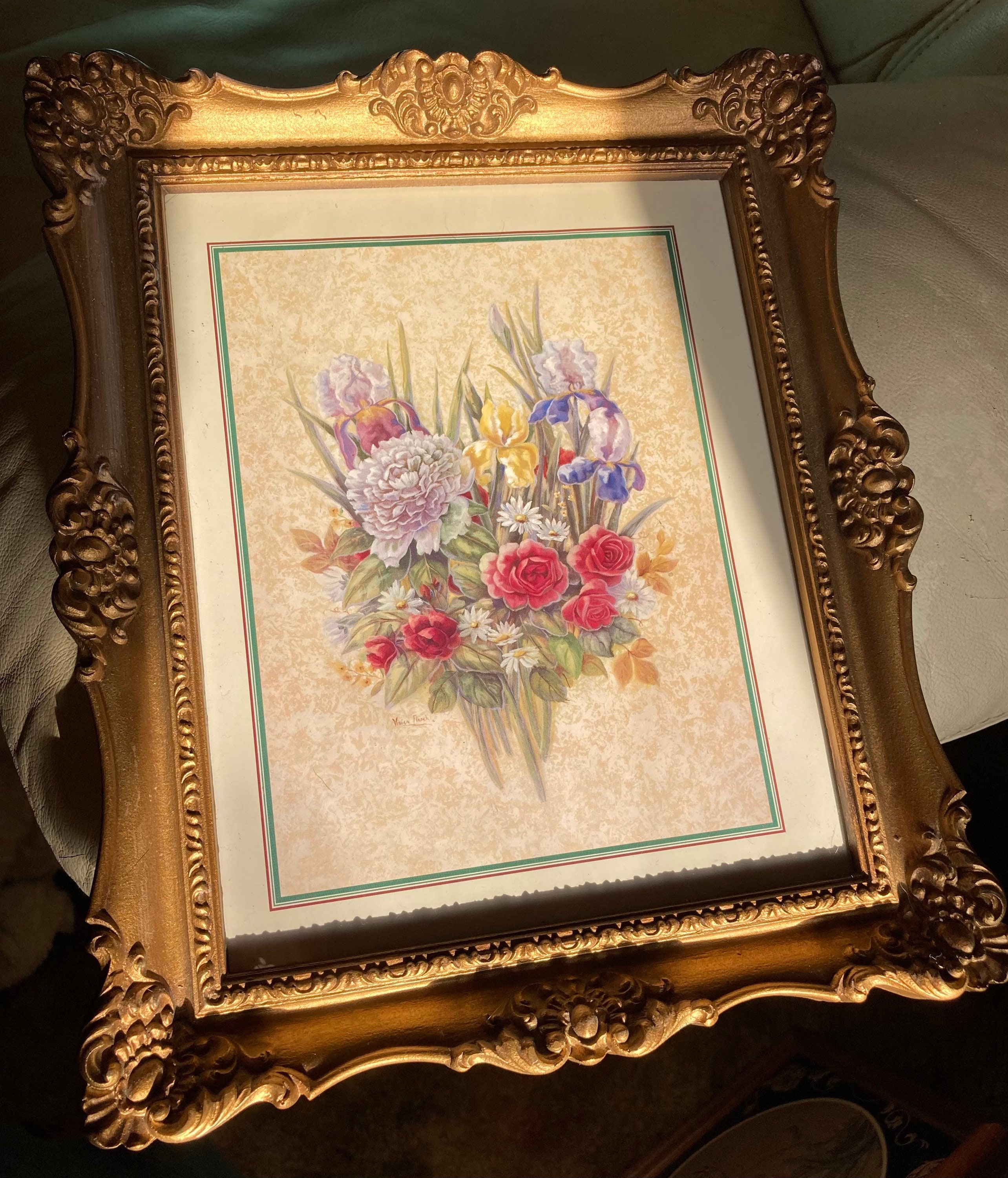 Vintage Gold Gilt Framed Vivian Flasch Litho Garden Bouquet