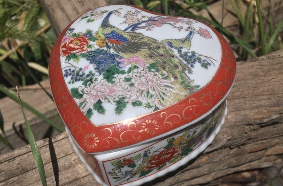 Vintage porcelain peacock floral heart shaped rin… - image 2