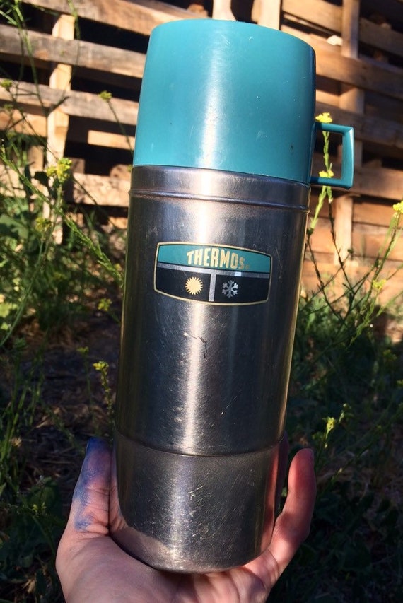 Vintage stainless steel teal cup vacuum seal Thermos