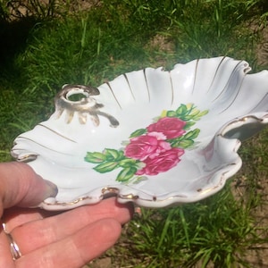 Vintage porcelain handpainted rose gold trim vanity/dresser tray
