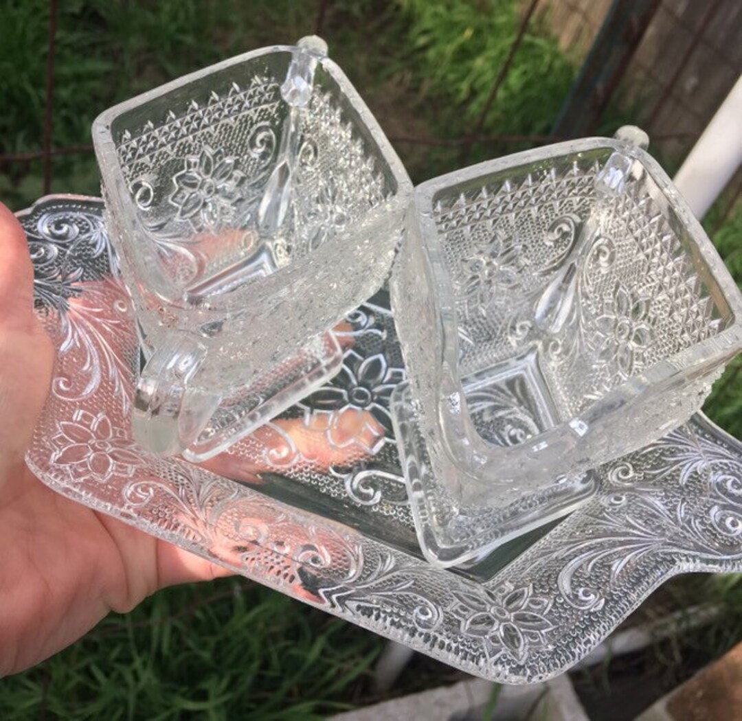 Indiana Glass Co Tiara Daisy Cream and Sugar Set With Tray Etsy