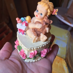 Vintage ceramic baby/ Rose embossed Heart Shaped Trinket/Ring Box