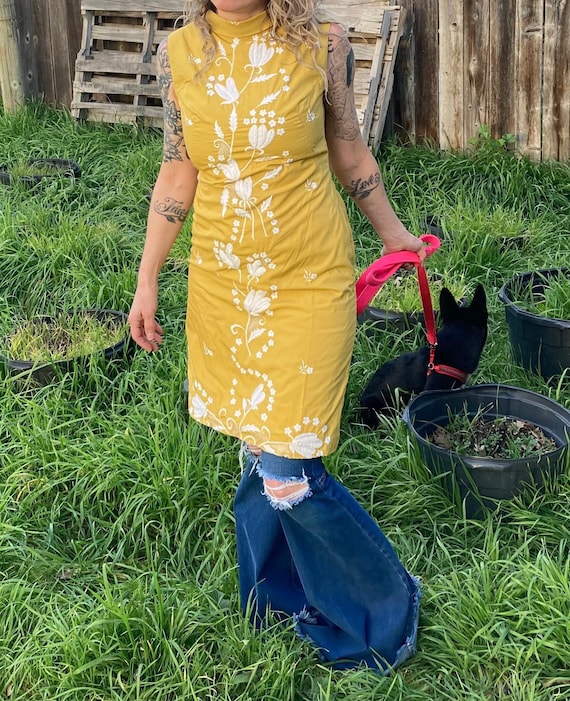 Vintage 1960s Mustard Yellow Floral Embroidered Wiggle Dress