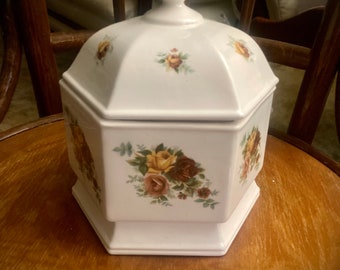 Vintage Porcelain Hexagonal Rose Print Lidded Vanity Jar