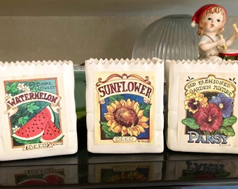 Bolsas de semillas de cerámica vintage / platos de baratijas (girasol, sandía, pansy)