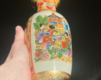Antiguo japonés Satsuma Transferware Moirage Gold Gilt Jarrón pintado a mano