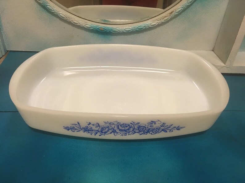 Vintage Federal Glass Casserole Dish/blue Roses/oven Proof Etsy