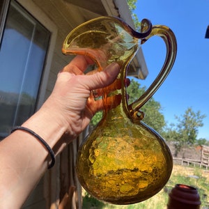 Vintage Hand Blown Amber Crackle Glass Applied Handle Pitcher