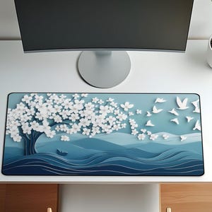 Ukiyo-e Paper Art Style Cherry Blossom Desk Mat | Japanese Embossed Art Mouse Pad | Large Aesthetic Office Decor | Nature & Birds Design