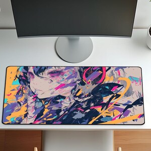 Anime Beauty in Chaos Desk Mat | Abstract Aesthetic Gaming Mouse Pad | Vibrant Cyberpunk Office Decor | Unique Anime Art