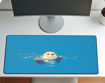 Floating Otter Desk Mat – Cute Animal Mouse Pad for Gamers, Students & Otter Lovers | Kawaii Blue Desk Decor