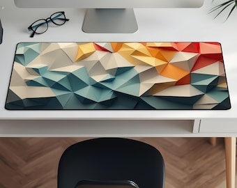 Geometric Desk Mat | Abstract Polygonal Mouse Pad | Modern Office Decor | Blue Orange Yellow Gaming Mat | Unique Desk Pad