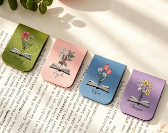 Custom Leather Birth Flower Bookmark,Name Bookmark with Birth Flower,Personalized Magnetic Bookmark,Book Accessory,Book Lover Birthday Gift