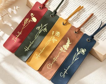 Personalized Birth Flower Leather Bookmark, Custom Name Bookmark, Birthday Gift for Book Lover, Floral Reader Gift for Her