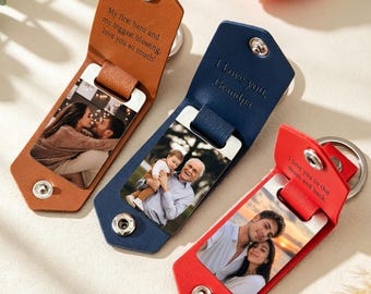 Personalized Mens Leather Keychain with Photo,Metal Tag Photo Keychain,Engraved key chain,Valentines Gifts for Him,Anniversary Gifts for Him
