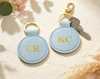 Personalized Olive Green Leather Round Keychain, Custom Initial Monogram Key Ring, Elegant Minimalist Gift for Her, Engraved Bag Charm