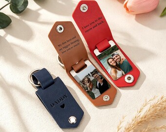Personalized Mens Leather Keychain with Photo,Metal Tag Photo Keychain,Engraved key chain,Valentines Gifts for Him,Anniversary Gifts for Him