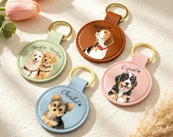 Personalized Leather Keychain with Pet Photo, Watercolor Pet Portrait Keychain, Dog Cat Lover Birthday Gift, Car Key Ring, Pet Loss Keepsake