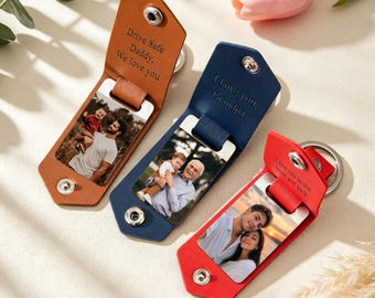 Personalized Leather Photo Keychain for Men, Drive Safe Gift for Dad From Baby, Custom Engraved Keyring, First Christmas Gift for Husband