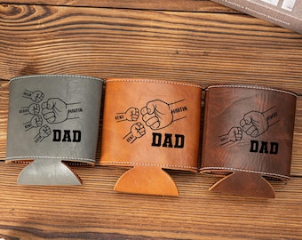 Personalized Dad Leather Can Cooler, Fathers Day Gift with Kids Names, Engraved Beer Can Holder, Birthday Gifts for Dad, Grandpa Gifts