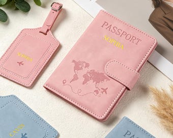 Personalized Passport Holder & Luggage Tag Set, Custom Name RFID Blocking Travel Wallet, Initial Travel Set for Couples,Bride Honeymoon Gift