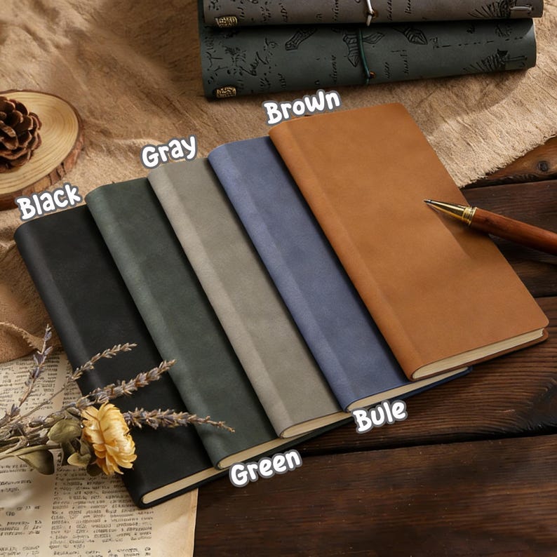 May include: A collection of leather-bound journals in various colors: black, green, gray, blue, and brown. The journals are arranged side by side, with a pen resting on the brown journal. The word "Brown", "Gray", "Green", "Bule", and "Black" are written on the image.