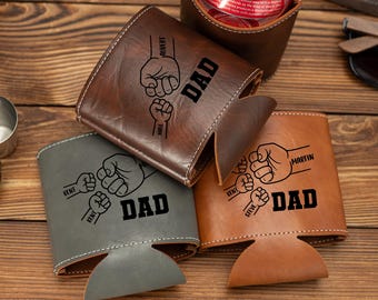 Enfriador de latas de cuero personalizado para papá, regalo del Día del Padre con nombres de los niños, soporte para latas de cerveza grabado, regalos de cumpleaños para papá, regalos para el abuelo