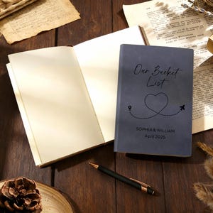 May include: A blue journal with the words "Our Bucket List" and a heart-shaped travel route design. The journal is personalized with the names "SOPHIA & WILLIAM" and the date "April 2025". An open notebook and a pen are also visible.