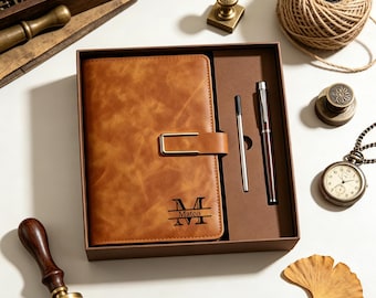 Custom Engraved Notebook With Pen, Leather Notebook Set, End Of Year Thank You Gift, Matching Pen, Custom Graduation Gifts, New Job Present