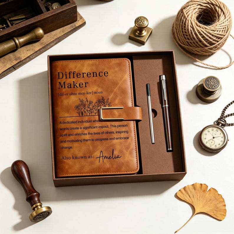 May include: A tan leather-look notebook in a gift box with a matching pen and ink refill. The cover features the text Difference Maker, a definition, and the name Amelia. The notebook has a gold-toned metal clasp and a floral line art graphic.