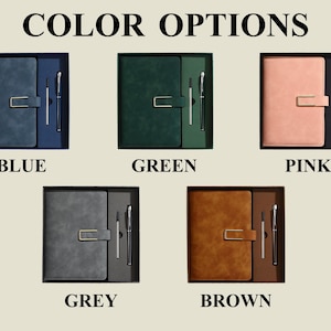 May include: Five sets of notebooks and pens labelled COLOR OPTIONS, BLUE, GREEN, PINK, GREY, and BROWN. Each set includes a rectangular notebook with a gold-toned metal clasp closure and a matching pen, presented in a box with a dedicated pen slot.