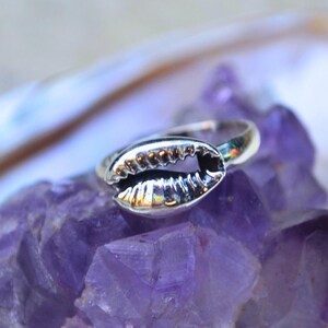 May include: A silver ring with a seashell design, set against a purple crystal background. The ring's seashell detail is the main focus, with the light reflecting off the polished metal. The ring is a piece of jewellery.