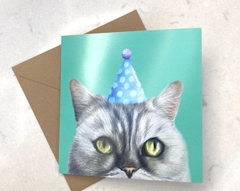 Cat with Party Hat Blank Greetings Card, Square 15cm with Kraft Envelope