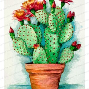Stampa artistica originale e colorata in formato A4 di un cactus in fiore, decorazione da parete