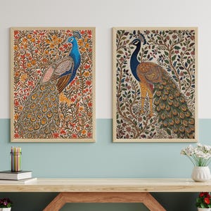 Madhubani Peacock Wall Art, Traditional Print, Indian Folk Painting, Vibrant Boho Decor
