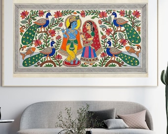 Arte Radha Krishna, decoración de la pared india, pintura Pichwai, impresión popular india, obras de arte Madhubani