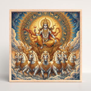 Pintura de Surya Dev dorada, arte mural de dios hindú, caballos blancos, póster indio
