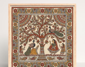 Madhubani Tree of Life Painting, Spiritual Poster, Pichwai Animal Print, Indian Folk Art