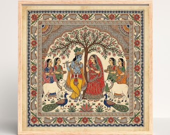 lord Krishna and Radha Pichwai prints, Hindu god, Indian Folk Art, Madhubani cow painting,