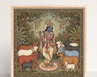 Lord Krishna with Flute Wall Art, Spiritual Poster, Hindu God, Cow Painting, Animal Print