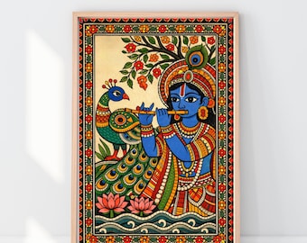Lord Krishna Playing Flute painting, peacock print, spiritual poster, Indian Folk Art,