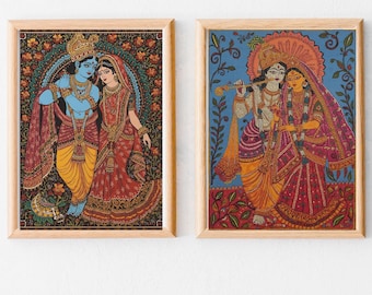 Pichwai Krishna Radha print, Hindu God, Indian Folk Art, Spiritual Art, Madhubani painting